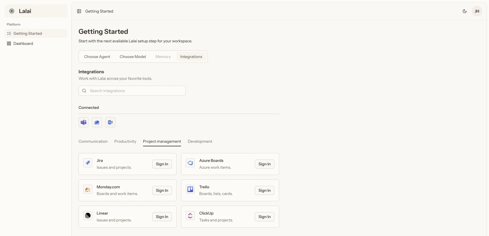 Lalai Getting Started integrations interface showing connected Microsoft services and project management tools