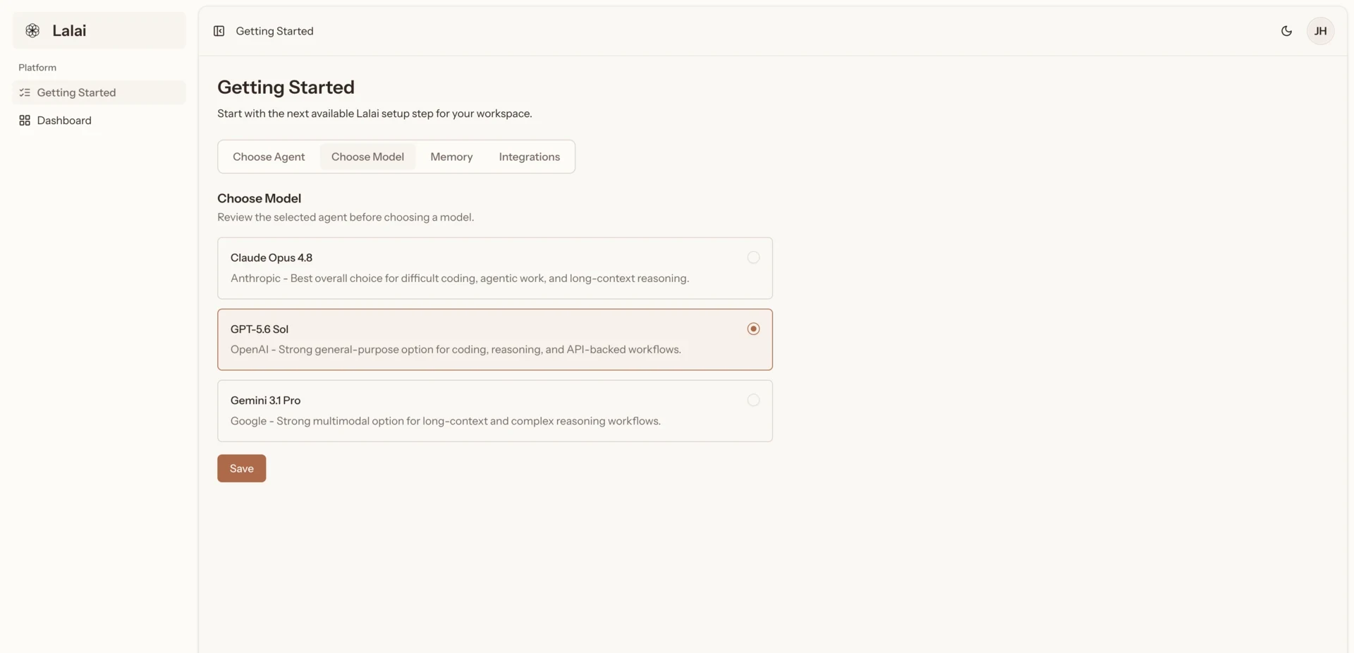 Lalai Getting Started model selection interface