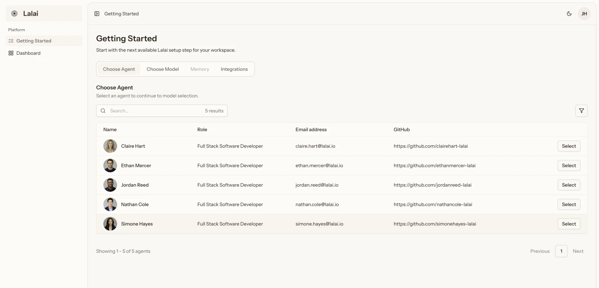 The Lalai Getting Started interface showing the enterprise agent roster