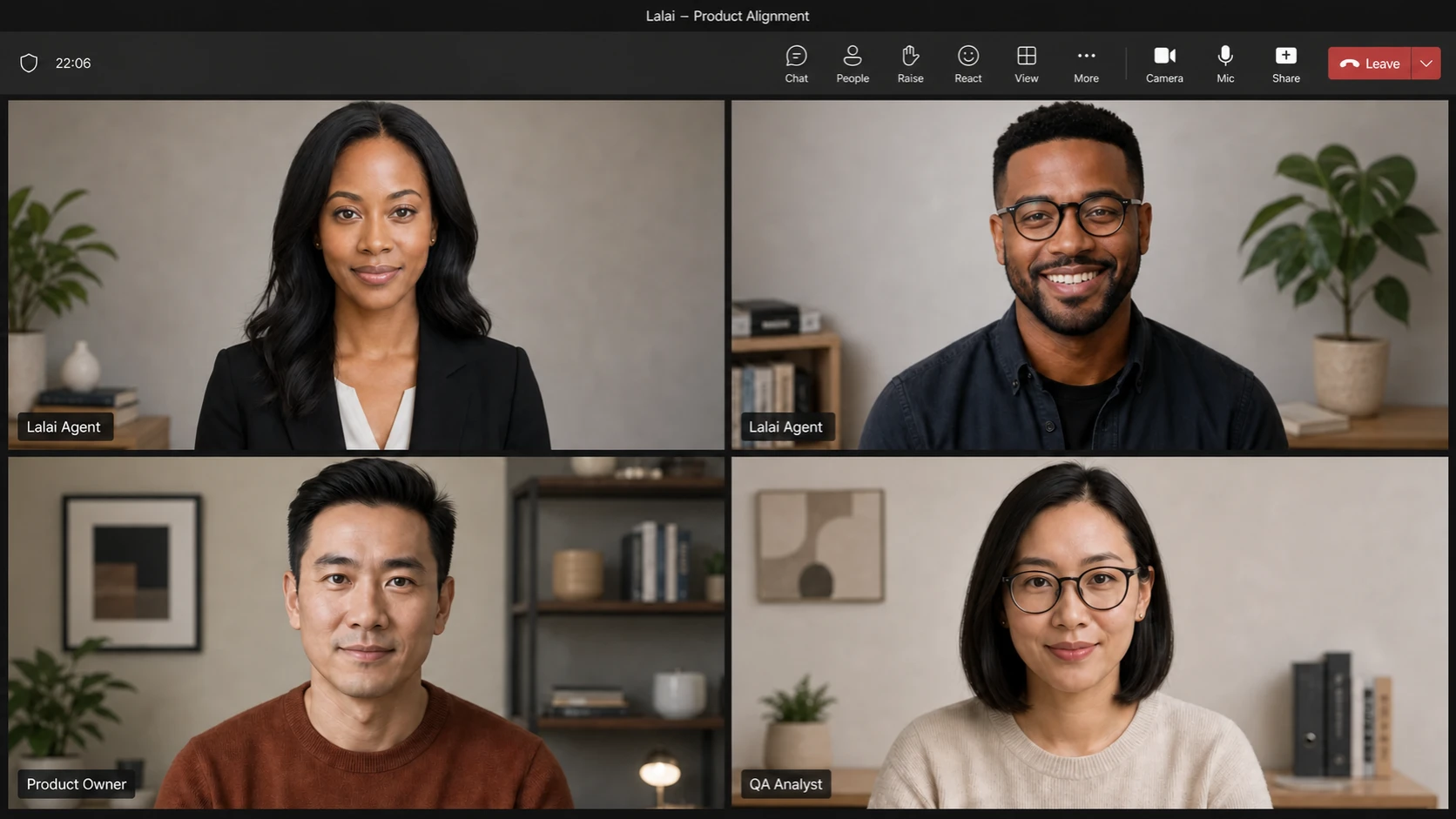 A four-person enterprise meeting with two Lalai agents, a Product Owner, and a QA Analyst